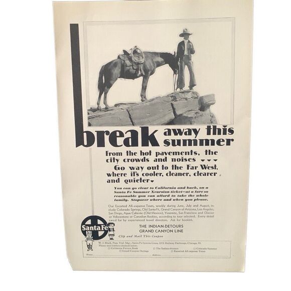 Vintage 1930 Santa Fe Break Away This Summer Ad Advertisement - Picture 2 of 5